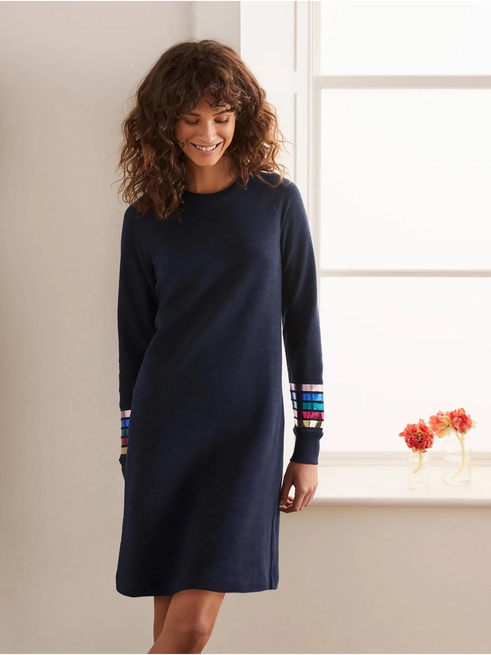 Boden Mabel Sweatshirt Dress Long-Sleeve Sweater Dress Multicolor Cuff Detail